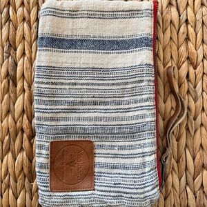 Leather-Accented Striped Vintage tapestry Pouch - Blue & Cream